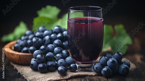 A refreshing glass of grape juice surrounded by fresh grapes and green leaves on a rustic table
