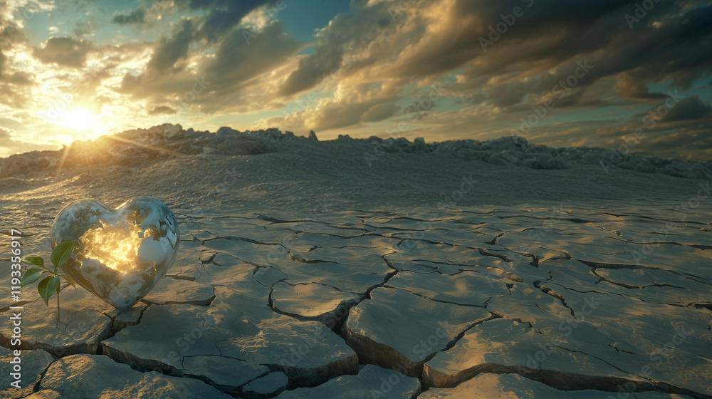 Obraz premium Earth in Heart Shape reflection on cracked earth with a small plant against a dramatic sunset