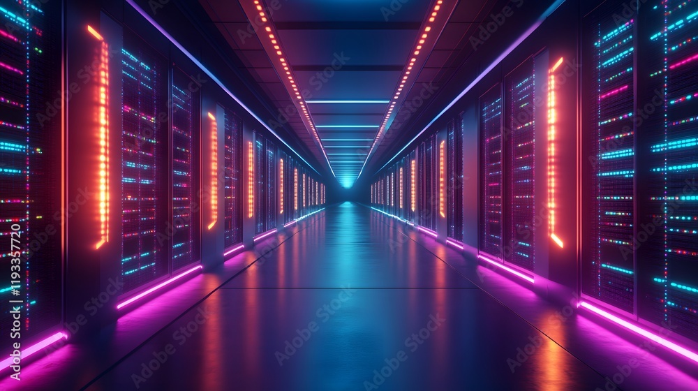 Neon Lit Server Room Corridor Data Center Neon Lit Server Room Corridor Data Center