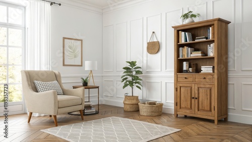 Modern Living Room Interior Design Bookcase, Armchair, Rug Composition, Herringbone Wood Floor,Neutral color palette Living Room Decor, Interior Design
