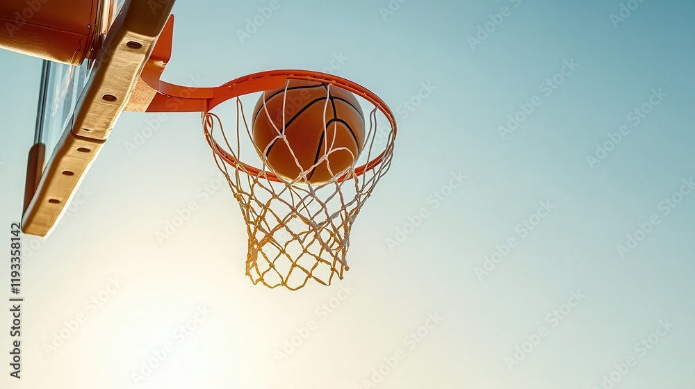 A basketball is about to go through a hoop, framed by a clear sky, capturing the excitement of the game and the thrill of scoring. A basketball is about to go through a hoop, framed by a clear sky, capturing the excitement of the game and the thrill of scoring.