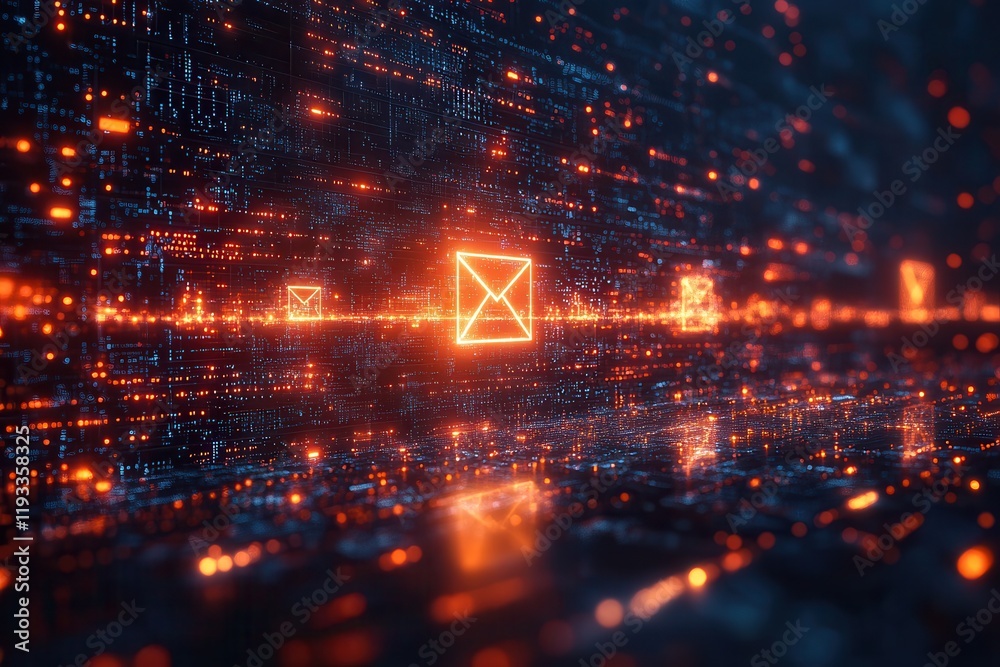 Naklejka premium Digital communication network with glowing messages and data streams in a futuristic environment