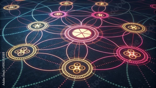 Neon Circular Network Abstract Composition, Interconnected Nodes, Futuristic Concept, Digital Art, Network Topology Network, Technology