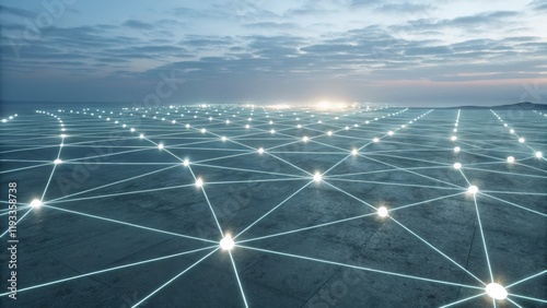 Network Connection Concrete Grid, Illuminated Nodes, Global Connectivity, 3D Render, Network Topology Network, Connectivity