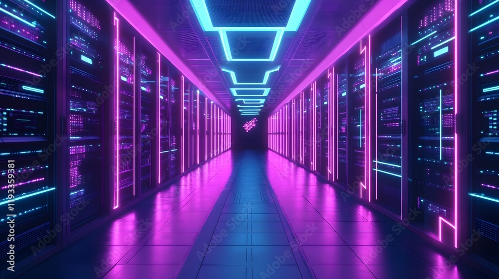 Fototapeta premium Neon Lit Server Room Corridor A Digital World
