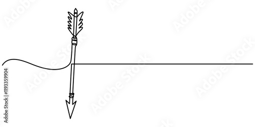 Tribal arrows feathers continuous one line drawing, arrow engraving black and white outline, Weapon bow for throwing arrows hand drawn in doodle style. Archery at the target. Sports shooting. Hunting.