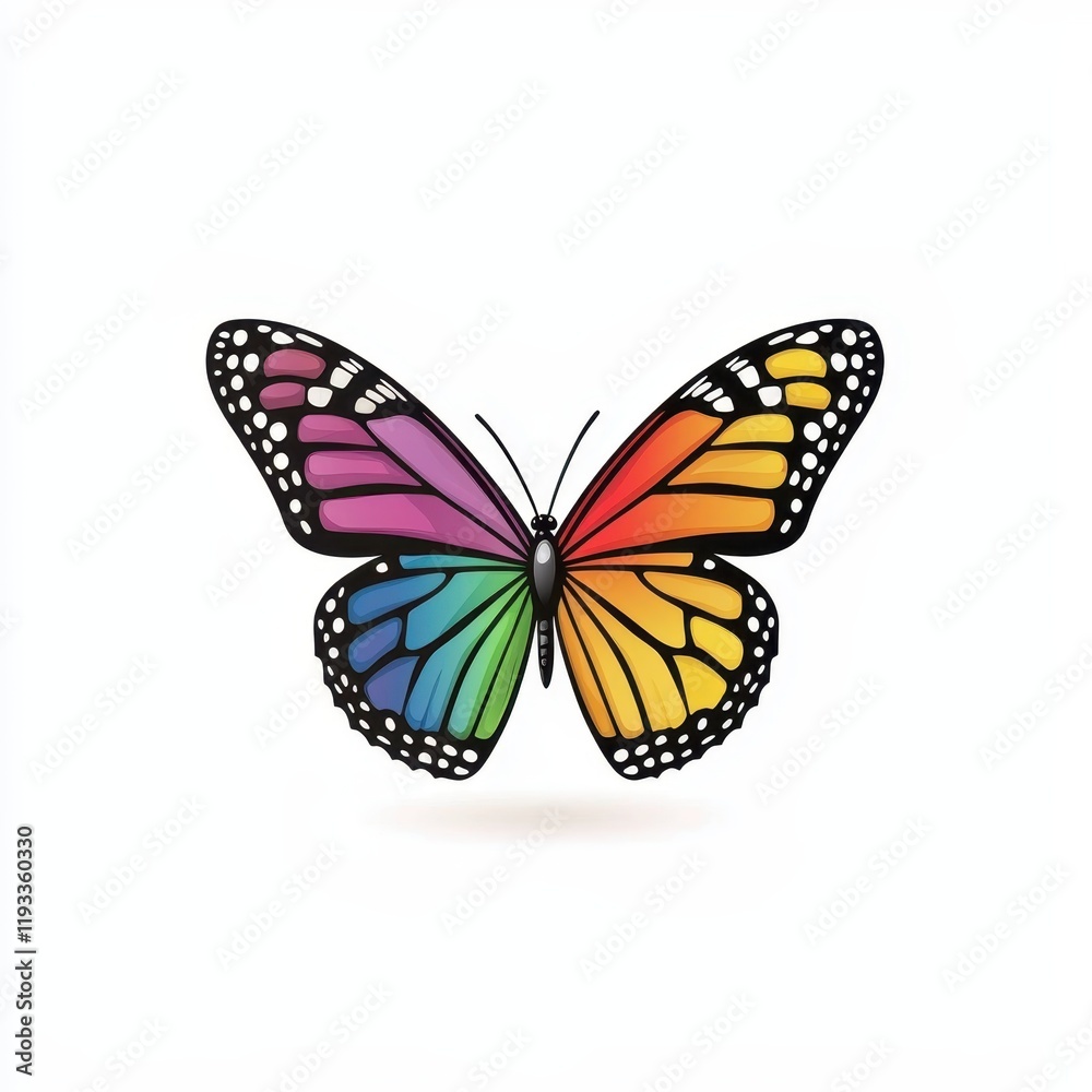 Fototapeta premium Vibrant Rainbow Butterfly with Detailed Patterns and Colorful Wings Isolated on a Light Background for Nature and Art Related Projects