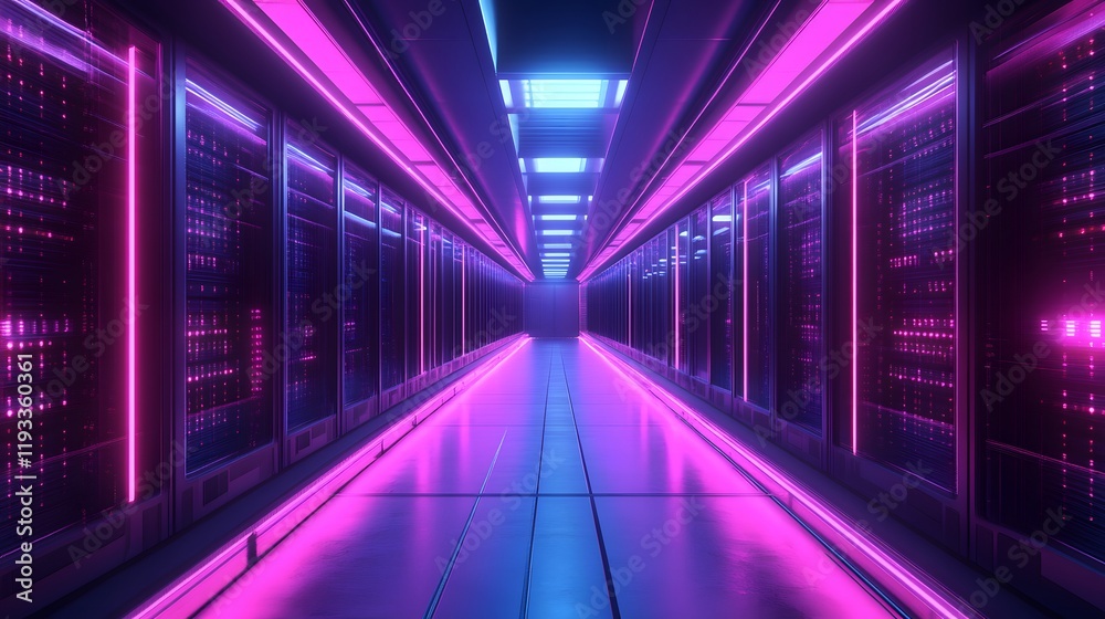 Fototapeta premium Neon Lit Server Room Corridor Data Center