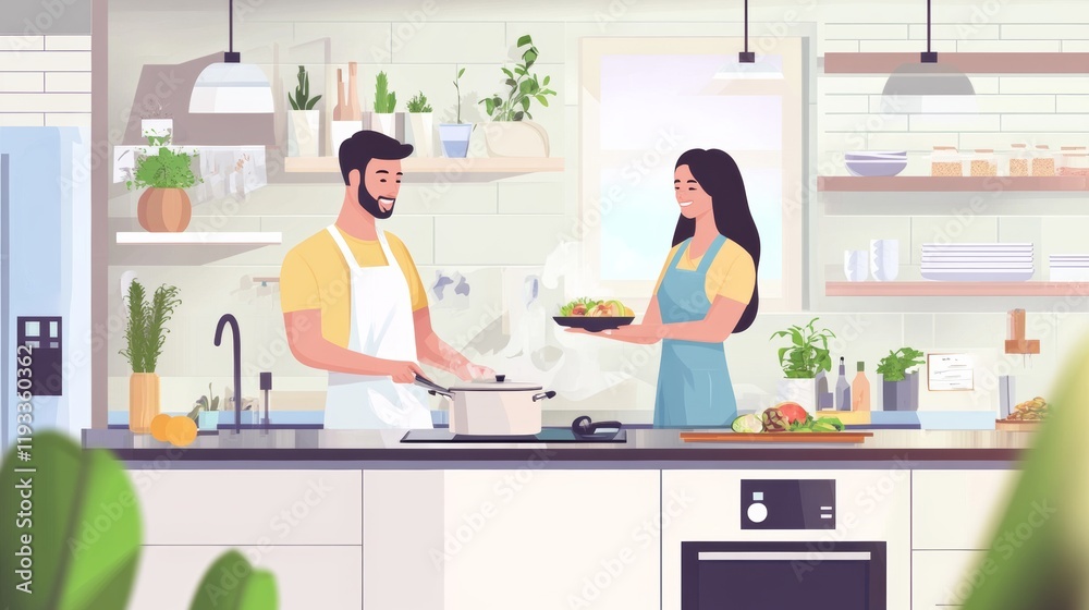 A couple cooking together in a chic, modern kitchen, symbolizing partnership and culinary creativity A couple cooking together in a chic, modern kitchen, symbolizing partnership and culinary creativity