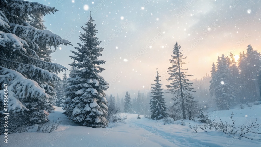 Snowy Winter Forest Path Sunrise, Snowfall, Coniferous Trees, Landscape Photography. Winter Wonderland, Landscape Snowy Winter Forest Path Sunrise, Snowfall, Coniferous Trees, Landscape Photography. Winter Wonderland, Landscape