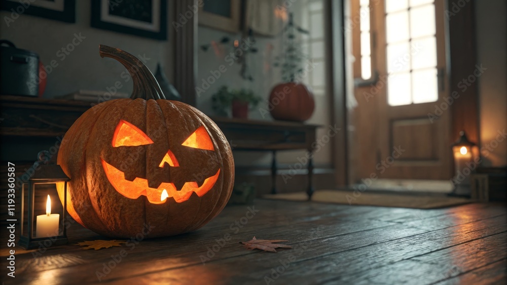 Fototapeta premium Spooky Halloween Jack-o'-lantern on Wooden Floor, 3D Render, Autumnal Setting, Candlelight, Halloween Decor Halloween, 3DRendering
