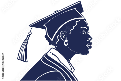 African-American Student with Graduation Cap vector silhouette on a white background