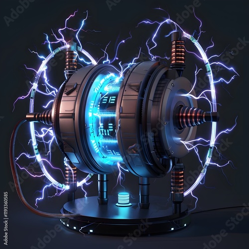 Powerful 3D Rendered Futuristic Electric Generator with Lightning Sparks and Turbine Coils
