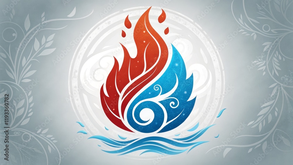 Stylized Fire and Water Flame Design Circular Composition, Blue and Red Hues, Nature Concept, Digital Art Keywords Logo, Elemental Stylized Fire and Water Flame Design Circular Composition, Blue and Red Hues, Nature Concept, Digital Art Keywords Logo, Elemental
