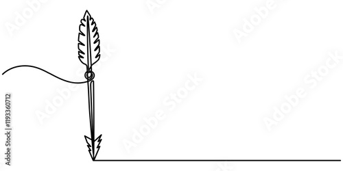 Tribal arrows feathers continuous one line drawing, arrow engraving black and white outline, Weapon bow for throwing arrows hand drawn in doodle style. Archery at the target. Sports shooting. Hunting.