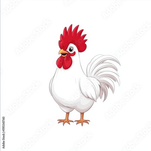 Colorful cartoon rooster with vibrant red comb and fluffy feathers, showcasing a cheerful and whimsical character in a bright and playful illustration style. photo