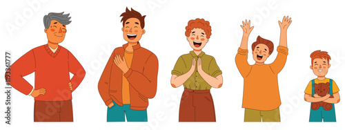 Vector set of joyful, excited, and smiling men of various ages, from preschooler to senior