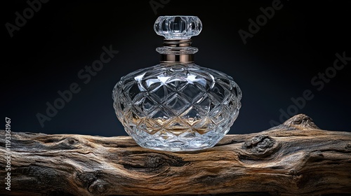 Elegant crystal perfume bottle resting on a rustic wooden log against a dark backdrop