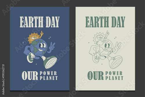 Earth Day poster with cute cartoon characters of the earth and the sun, vector illustration