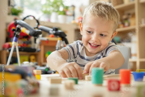 Caucasian child playing with blocks in playroom with joyful expression.