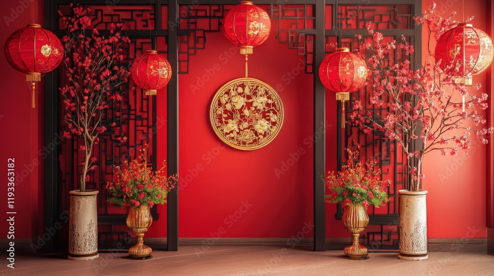 traditional Chinese New Year setup created by AI, showcasing hanging lanterns, auspicious symbols, and floral accents traditional Chinese New Year setup created by AI, showcasing hanging lanterns, auspicious symbols, and floral accents
