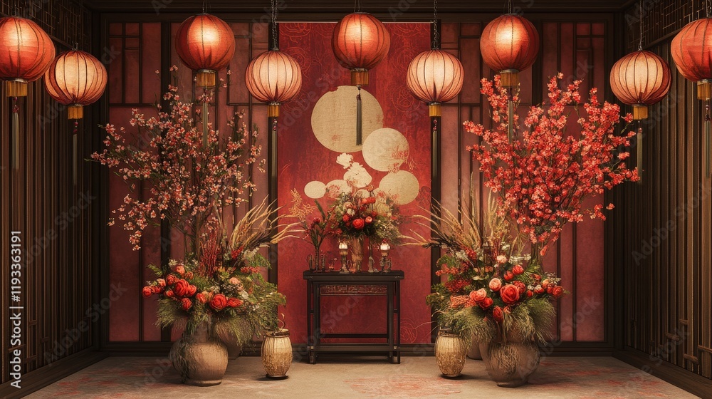 Fototapeta premium traditional Chinese New Year setup created by AI, showcasing hanging lanterns, auspicious symbols, and floral accents