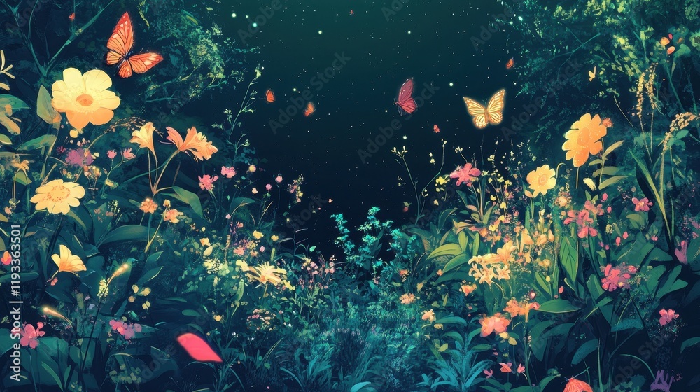 Night Garden Scene With Butterflies and Flowers Night Garden Scene With Butterflies and Flowers