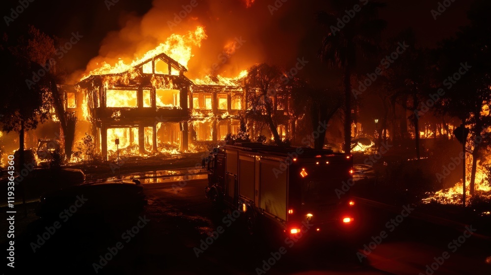 Fiery inferno consumes residential buildings at night, a fire truck responding to the devastating wildfire scene Fiery inferno consumes residential buildings at night, a fire truck responding to the devastating wildfire scene