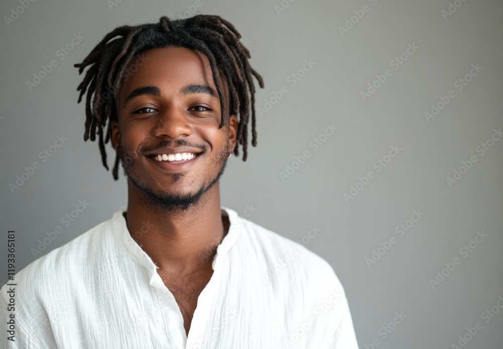 A black African man in white casual attire, smiling against a gray background, projects warmth and approachability with a charming demeanor. A black African man in white casual attire, smiling against a gray background, projects warmth and approachability with a charming demeanor.