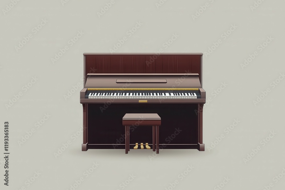 Elegant dark brown upright piano with matching bench on minimalist background. Elegant dark brown upright piano with matching bench on minimalist background.