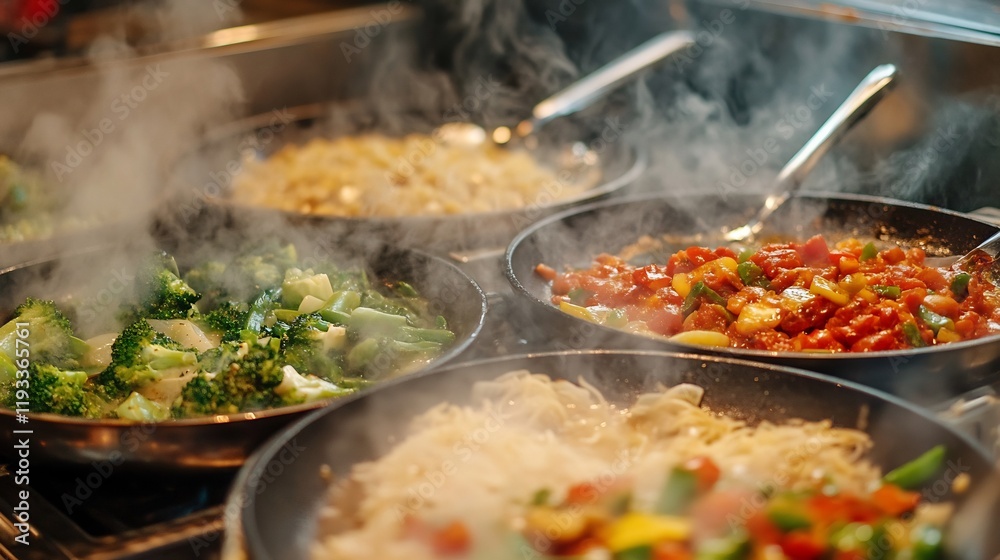 Vibrant scene of hot plates featuring simmering dishes dynamic kitchen settings