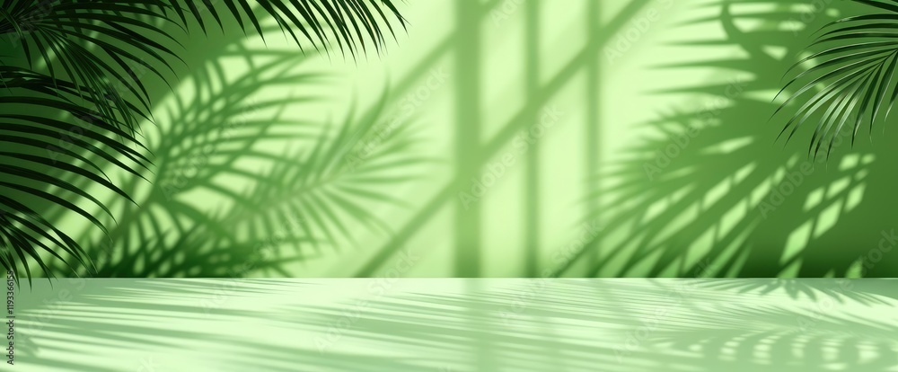 Fototapeta premium Serene tropical vibes Palm shadows dance on light green surface tranquil atmosphere
