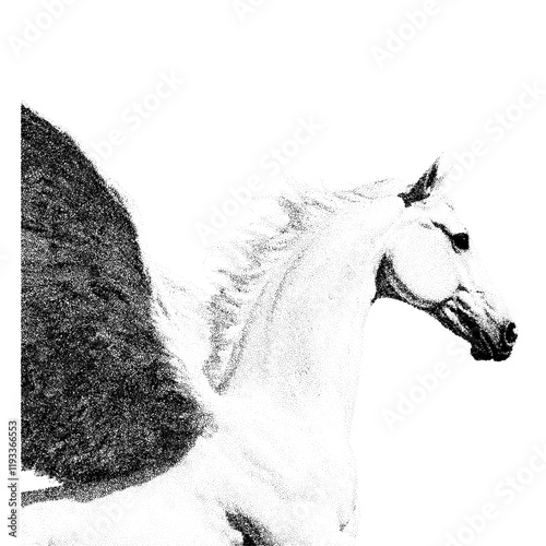 Pegasus, white winged horse.  Fine stippled effect. dot effect. Vintage look. Quality resource for any project.