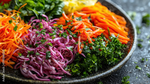 Fresh colorful salad with shredded vegetables like carrots, cabbage, and herbs photo