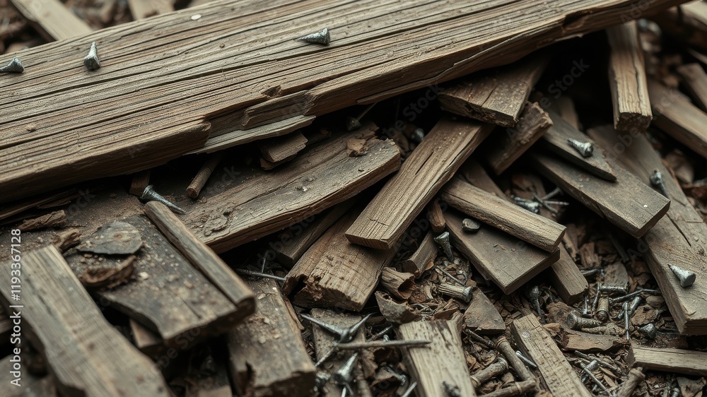 Pile of weathered wooden planks and scattered nails Pile of weathered wooden planks and scattered nails
