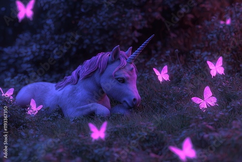 A baby unicorn with a rainbow mane playing with glowing butterflies photo