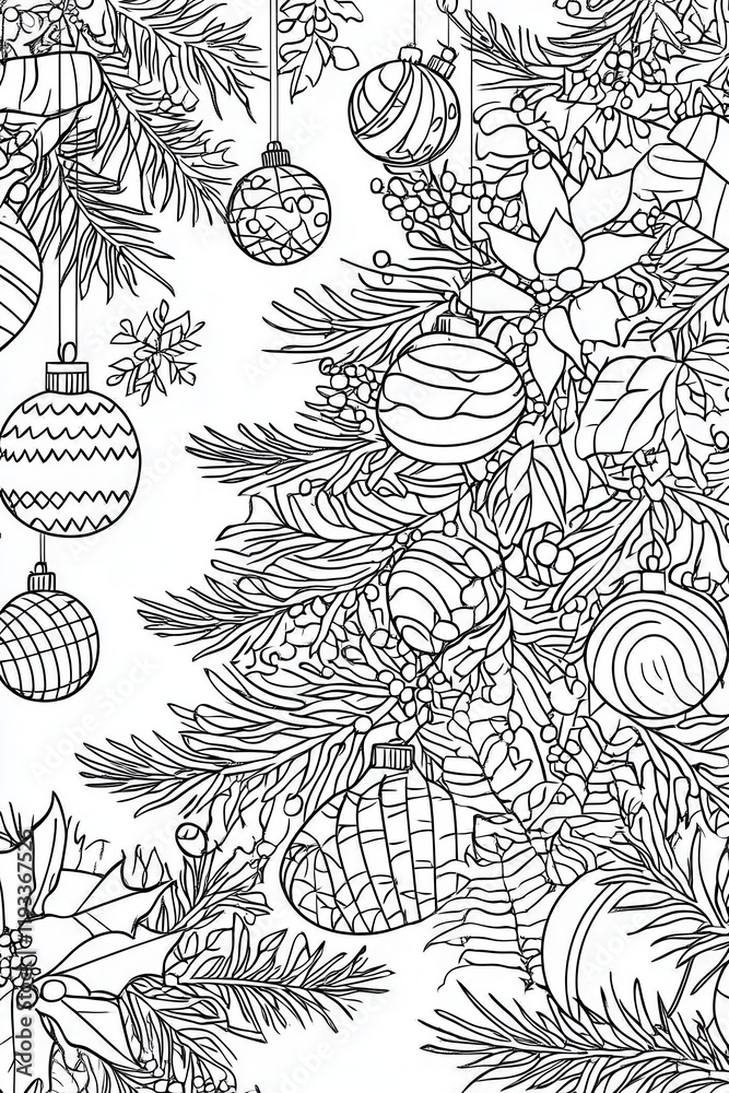 Fototapeta premium A festive illustration featuring various Christmas ornaments and pine branches, perfect for coloring during the holiday season and adding personal creativity