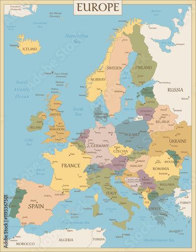 Europe Map Retro Vintage Ancient - stock vector colored illustration with layers