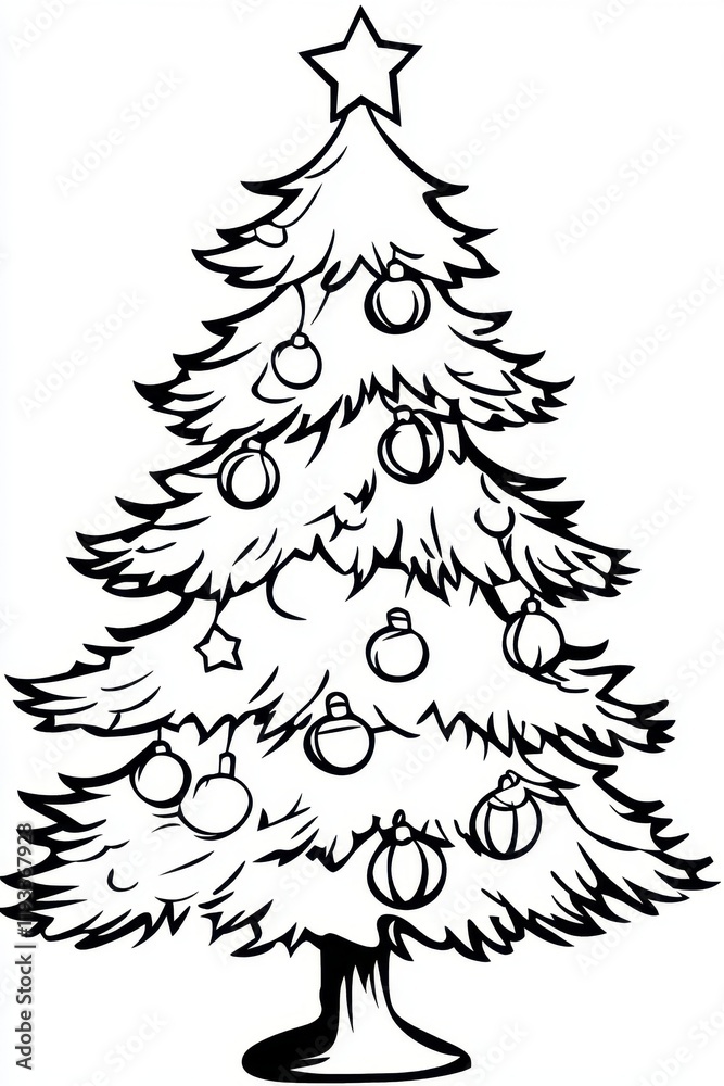 Obraz premium A beautifully designed Christmas tree stands adorned with colorful ornaments and a golden star on top, ready for the festive season