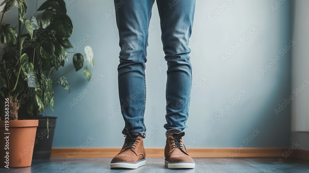 Stylish slim fit denim jeans with brown leather shoes - professional fashion photoshoot. Stylish slim fit denim jeans with brown leather shoes - professional fashion photoshoot.