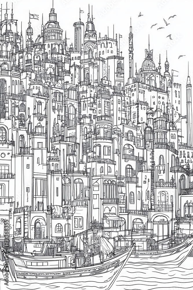 Obraz premium A detailed line drawing showcases a lively coastal city filled with diverse buildings and boats, capturing urban life and architectural beauty