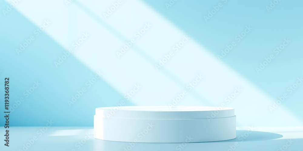 Serene White Platform Display with Gentle Light Rays on a Light Blue Background Serene White Platform Display with Gentle Light Rays on a Light Blue Background