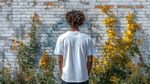 Young individual standing against a brick wall adorned with vibrant yellow foliage in urban setting