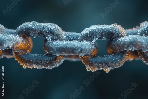 Frost-covered metal chain in cold winter light.