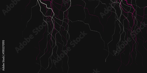 Pink burdock flower petal strings isolated on black background, top view. Abstract background shape design template, futuristic background. Lightning bolt. thunder lighting on black sky. 