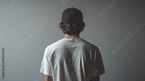 Young man wearing a black cap and white t-shirt, standing against a plain background, reflecting solitude