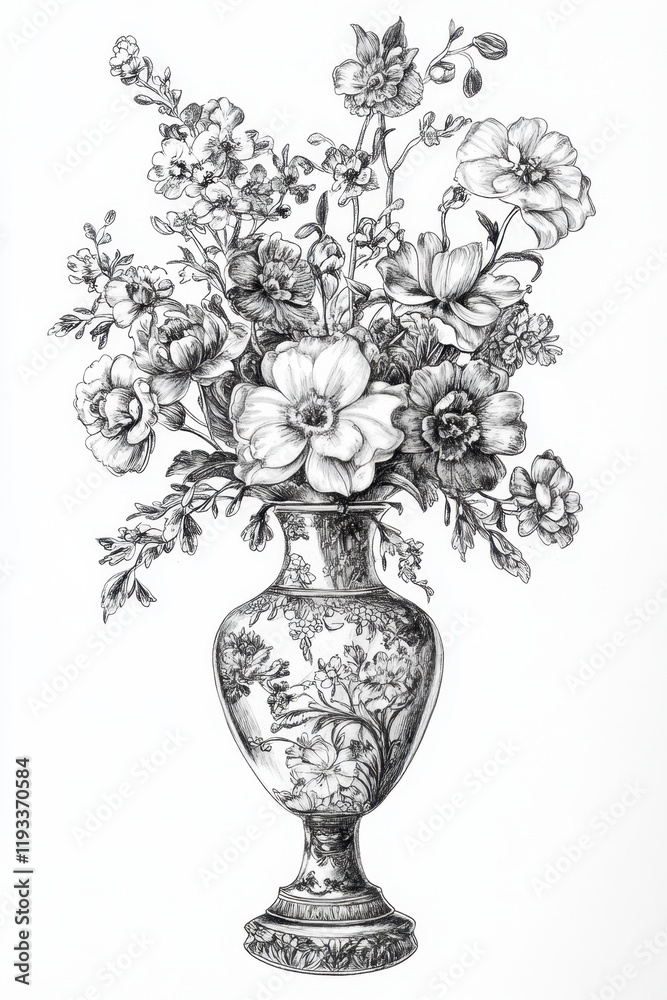 Obraz premium This artwork features a beautifully detailed pencil drawing of a floral arrangement in a decorative vase, showcasing flowers with elegant shapes and textures