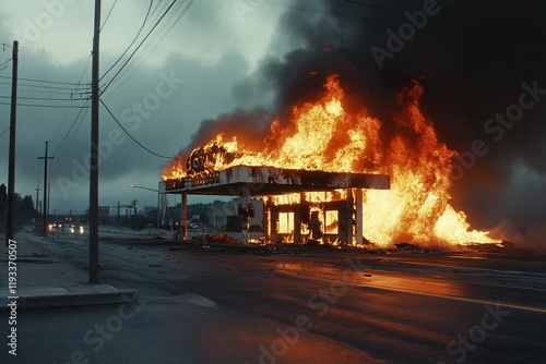 Intense blaze engulfs abandoned gas station amidst dark skies.