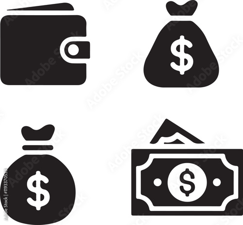 wallet, money bag and cash collection of money icons for business and finance