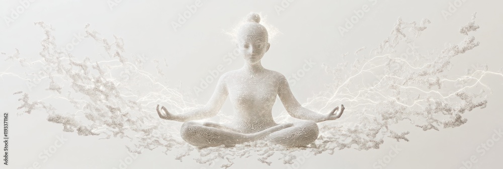 Serene Meditation with Abstract Energy Flow - A Meditative Figure Surrounded by Dynamic Patterns Serene Meditation with Abstract Energy Flow - A Meditative Figure Surrounded by Dynamic Patterns